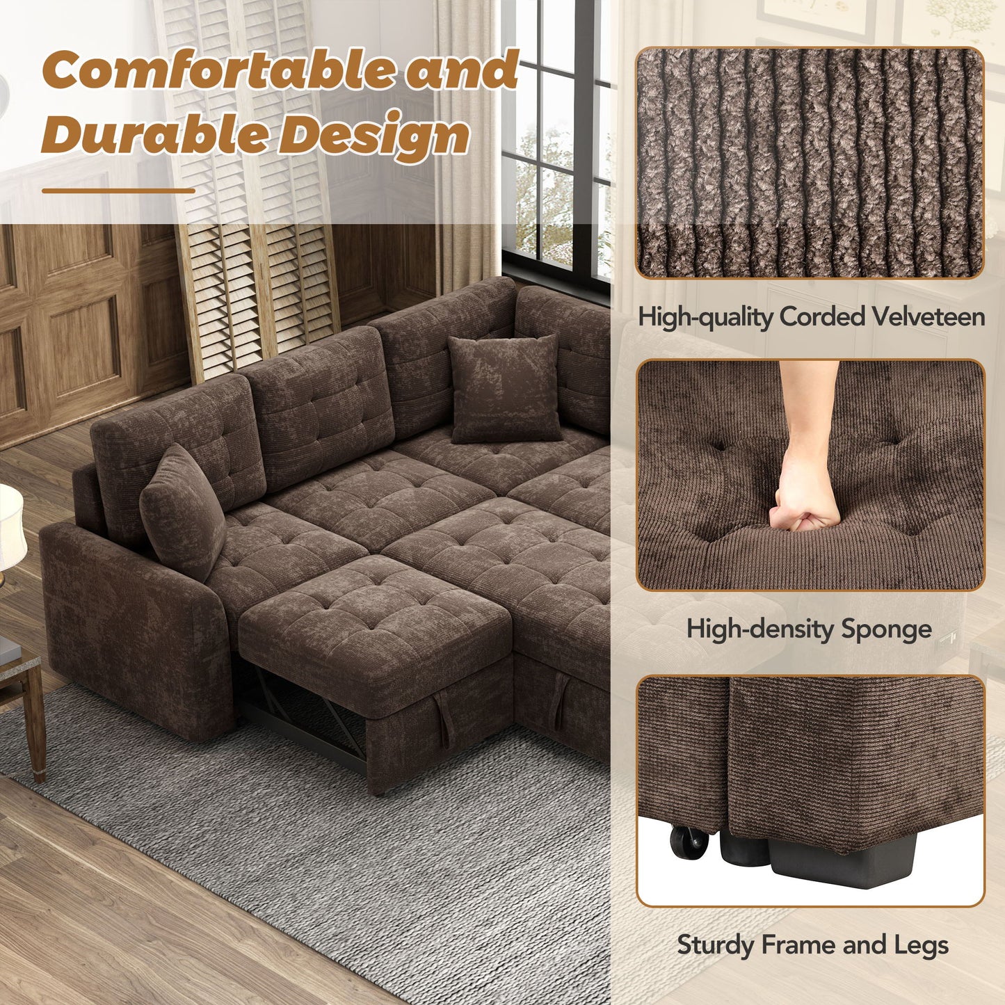 L-Shape Sofa Bed Pull-Out Sleeper Sofa With Wheels, USB Ports, Power Sockets For Living Room - Brown