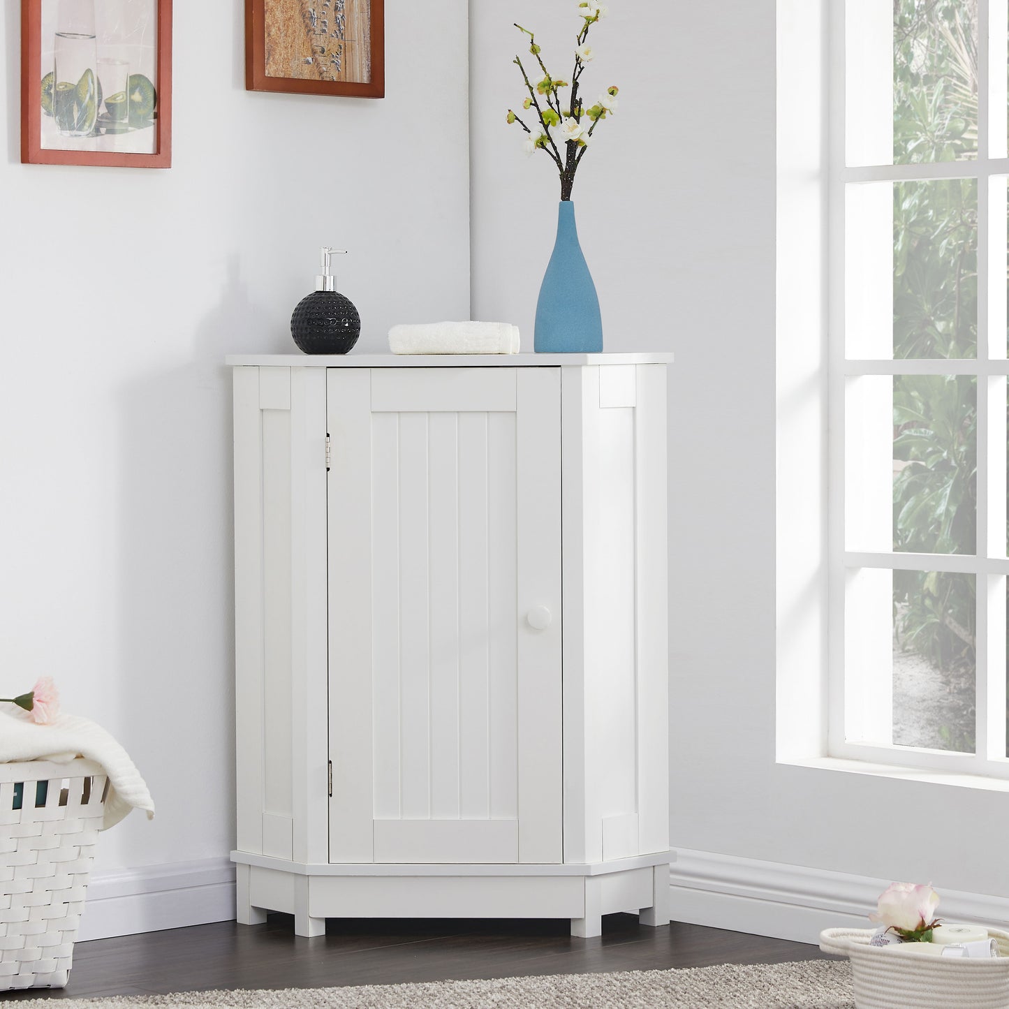 Bathroom Cabinet Triangle Corner Storage Cabinet With Adjustable Shelf Modern Style - White