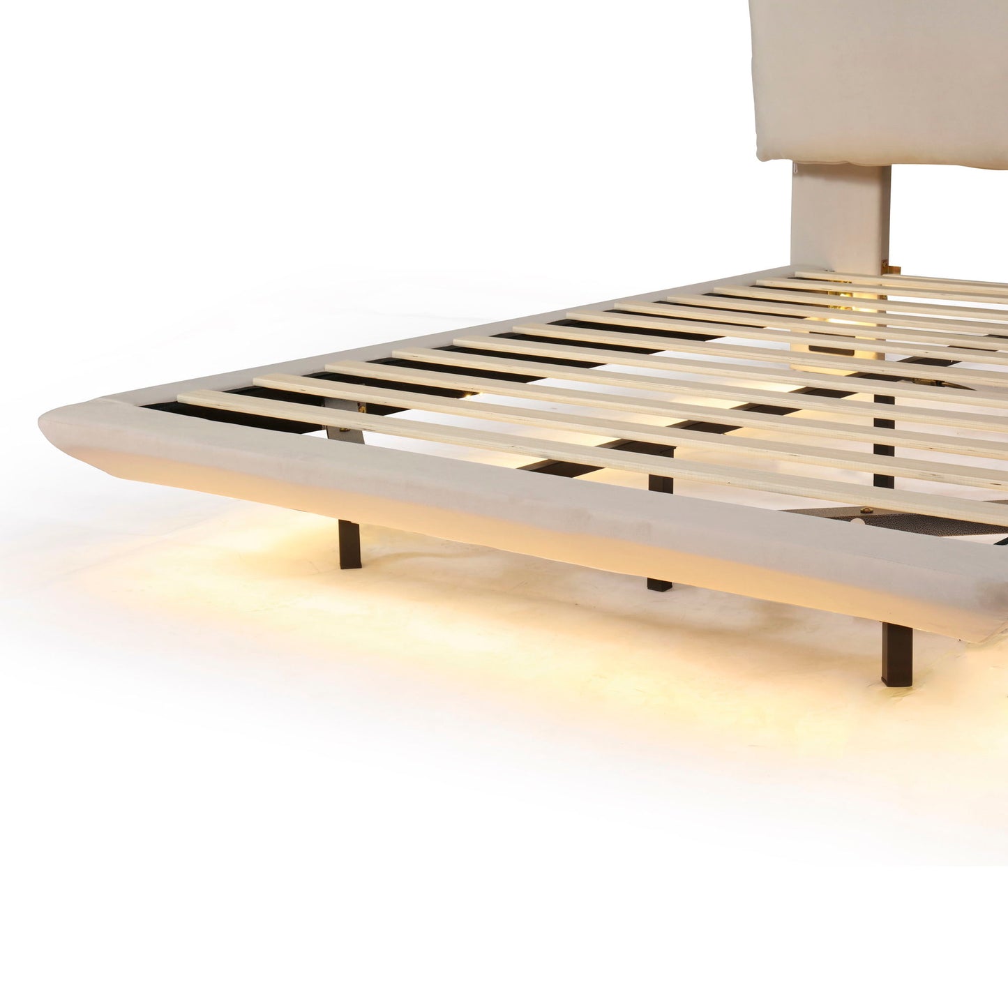Queen Size Upholstered Platform Bed With Sensor Light And 2 Large Backrests, With 2 Sets Of USB Port And Socket On Each Rear Bed Leg - Beige