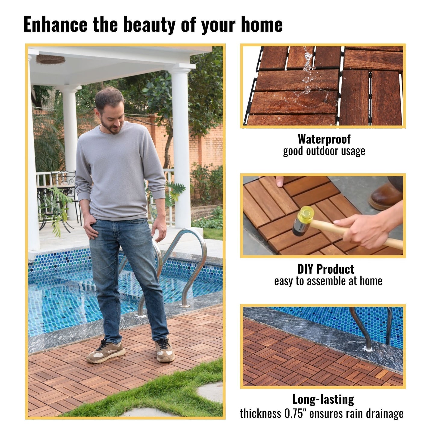 Acacia Wood Interlocking Deck Tiles Checker Pattern, 10 Piece Square Acacia Hardwood Outdoor Flooring For Patio, Bancony, Pool Side - Brown