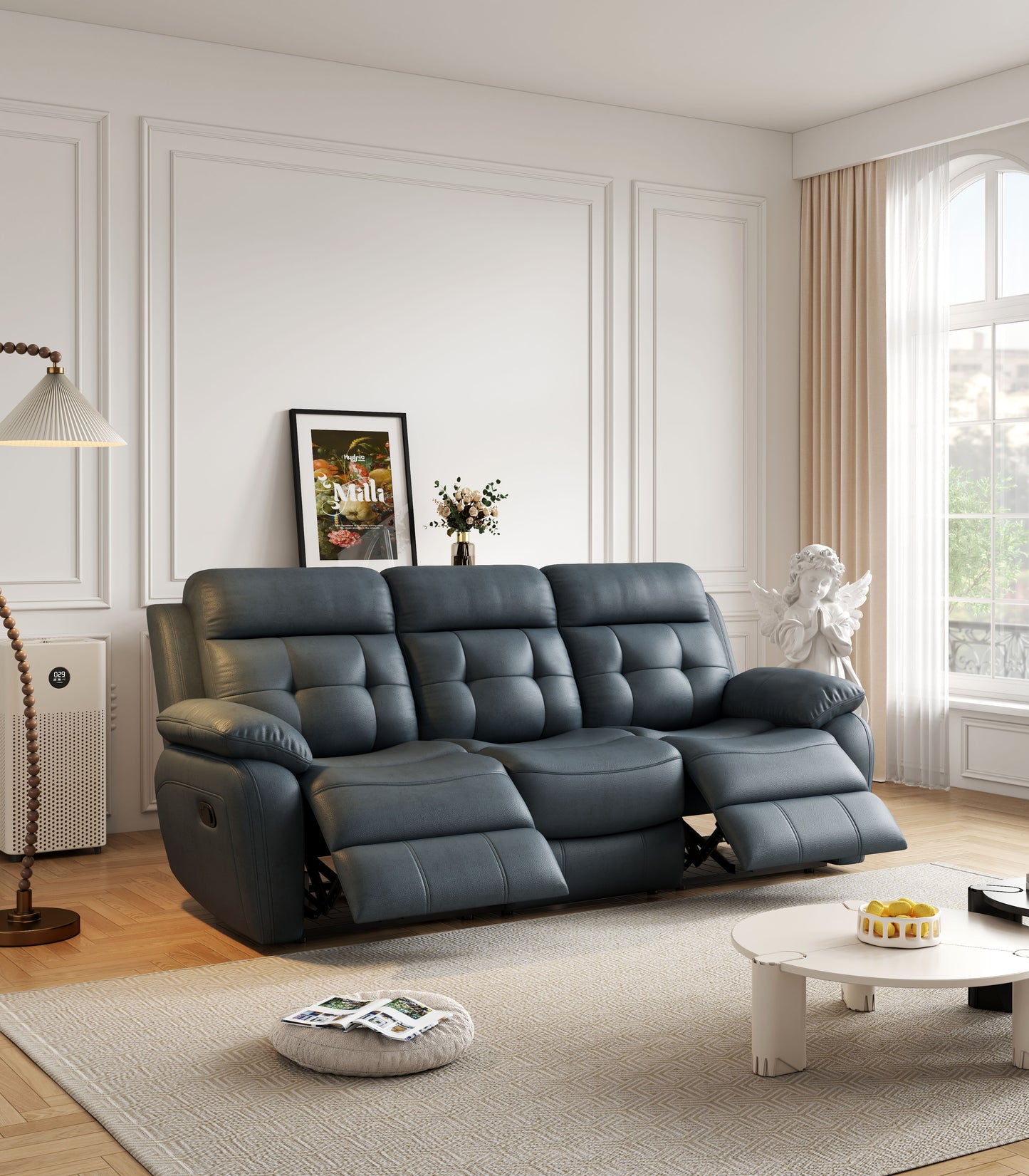 Genuine Leather Non-Power Reclining Sofa With Drop Down Table, Stainless Steel Cupholders And Magazine Bag - Blue