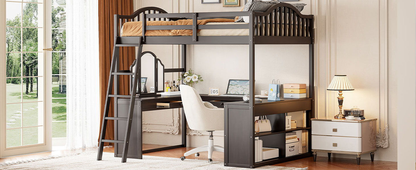 Full Loft Bed With U Shaped Desk, Storage Compartments And Tri Fold Mirror - Espresso