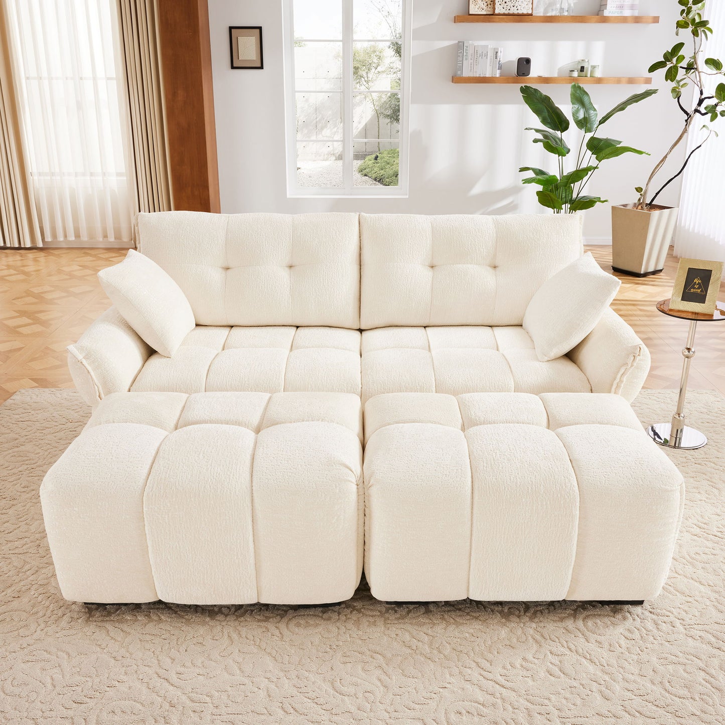 Cozy Plush 2 Seater Sofa Set With Ottomans And Throw Pillows - White