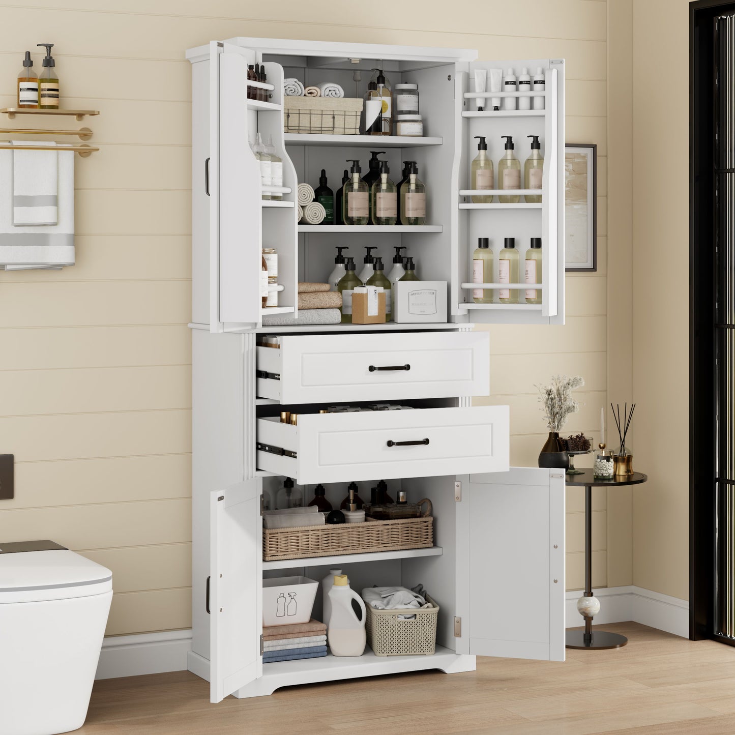 Elegant Multi Functional Storage Cabinet With Slide Rail Drawers, Adjustable Shelves - White