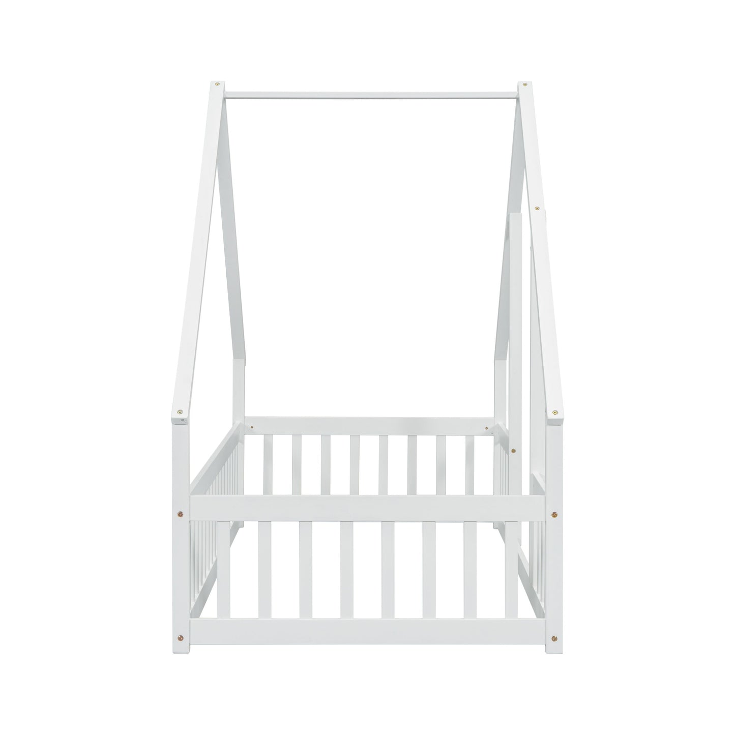 Twin Wood House-Shaped Floor Bed With Fence, Guardrails - White
