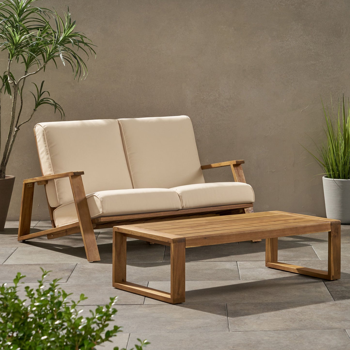 Paloma - Loveseat And Coffee Table Set With Adirondack Design Acacia Wood And Waterproof Fabric - Teak / Beige