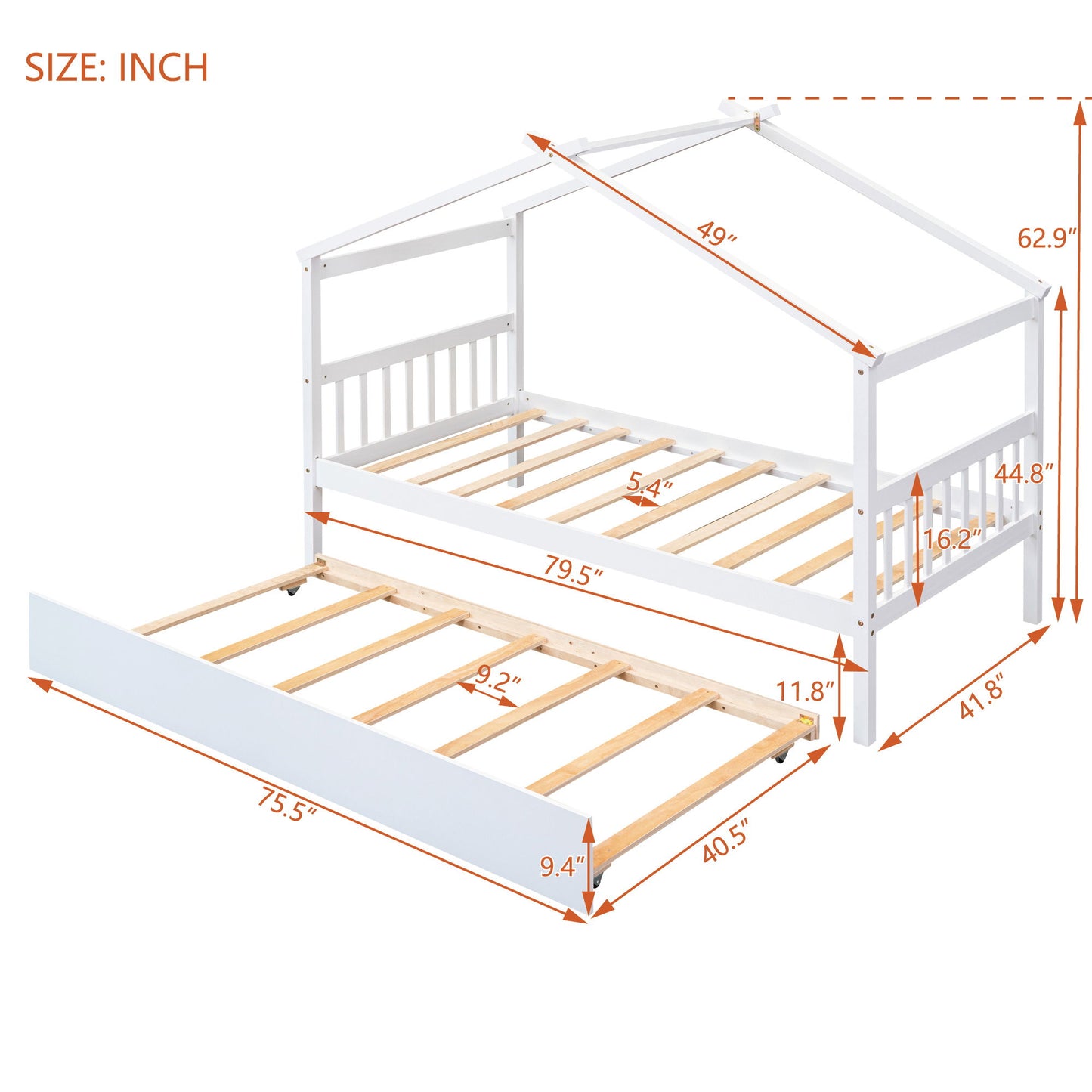 Twin Size House Bed With Twin Size Trundle - White