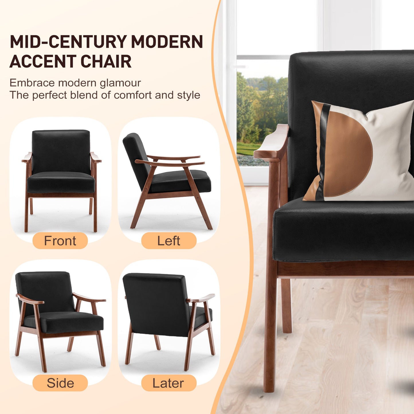 Mid Century Modern Wingback Accent Chair With Solid Wood Frame And Extra Thick Backrest - Lounge Chair For Living Room, Bedroom, Or Reading Room - Black