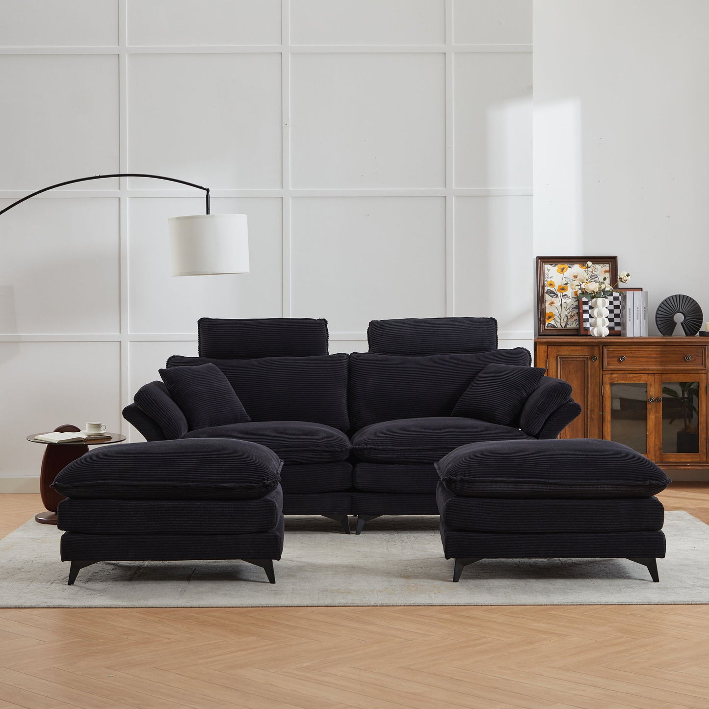 Modern Corduroy, Deep Seat Sectional Sofa With Ottomans, Comfortable Cloud Sofa - Black