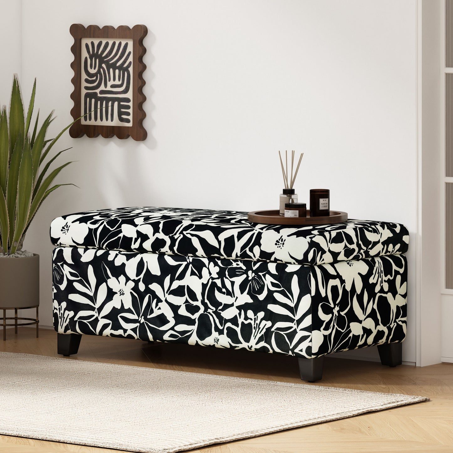 Luxury Storage Ottoman With Floral Patterned Fabric, Soft Close Hinges, Multi Functional Footrest & Seat - Black Floral / White