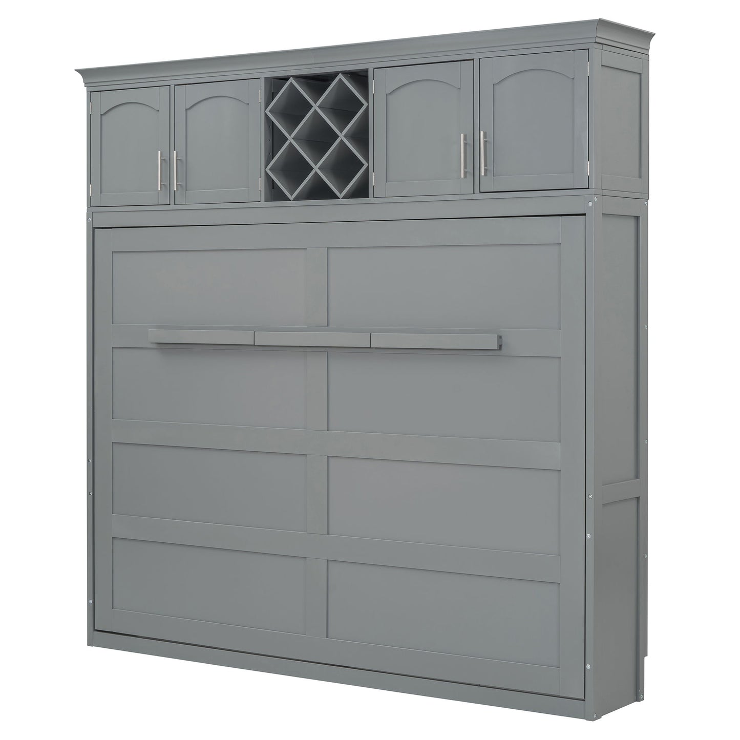 Queen Size Murphy Wall Bed With Top Cabinets & Wine Rack - Gray