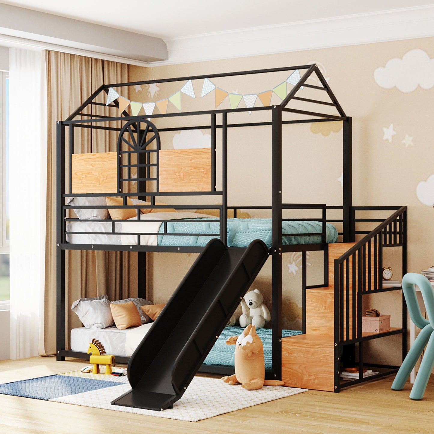 Twin Over Twin Bunk Bed, Housebed With Slide And Storage Stair - Black