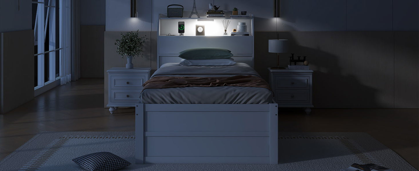 Twin Size LED Platform Bed With Trundle With Storage Headboard With Drawers - White