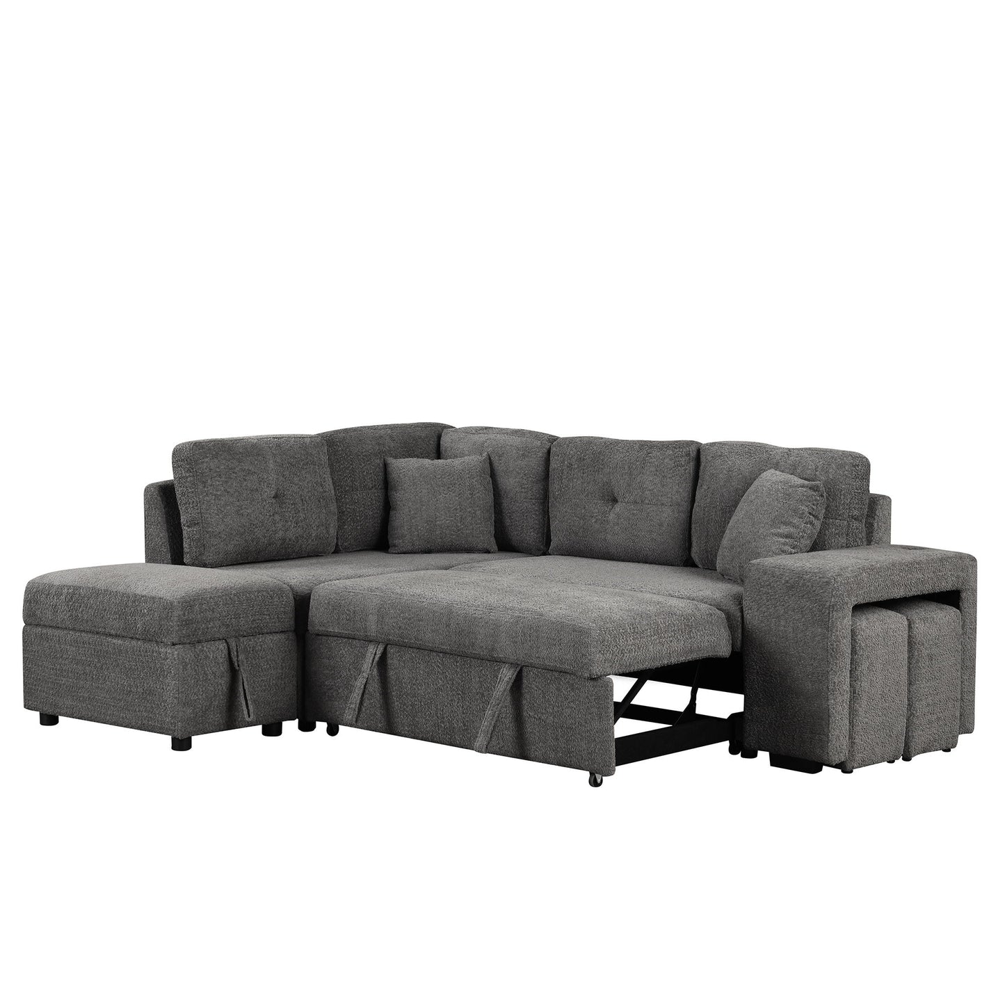 Convertible Sleeper, Sectional Pull Out Sofa Bed With Storage Ottoman, 2 Throw Pillows, 2 Stools, Wireless Charger And Two Hidden USB Ports For Living Room - Dark Gray