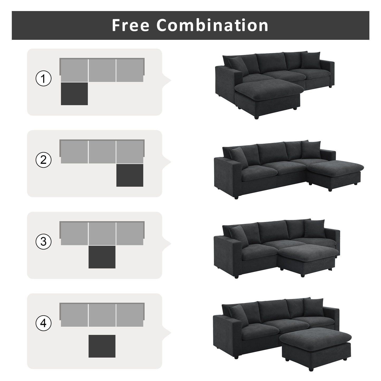 Modern Sectional Sofa, L-Shaped Couch Set With 2 Free Pillows, 4 Seat Polyester Fabric Couch Set With Convertible Ottoman - Black