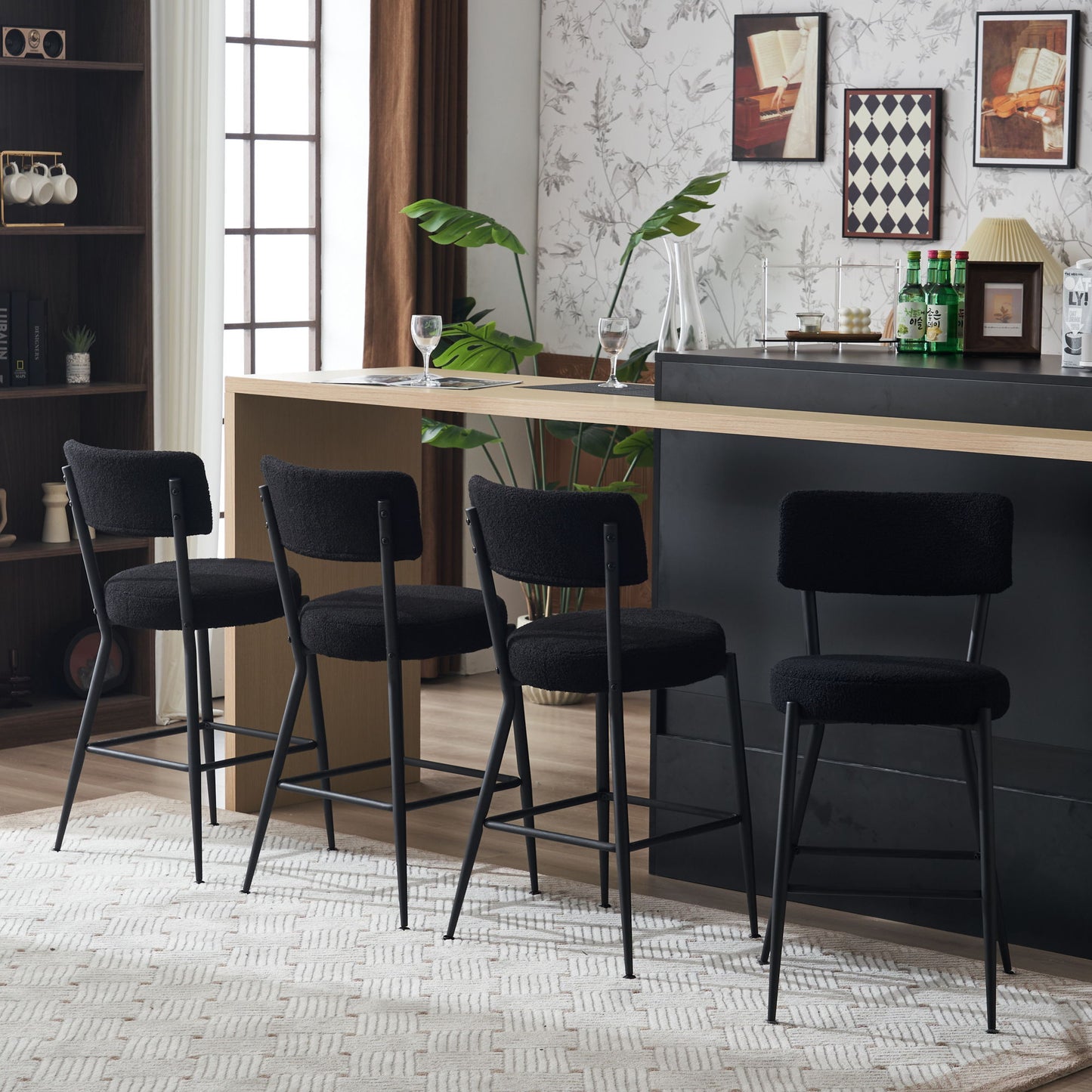 Modern Teddy Fabric Upholstered Bar Stools (Set of 2)- Black