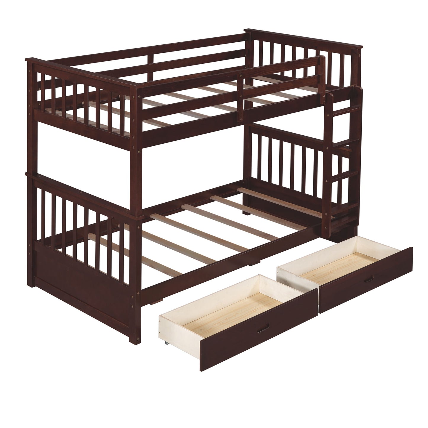 Twin Over Twin Bunk Bed With Ladders And 2 Storage Drawers - Espresso