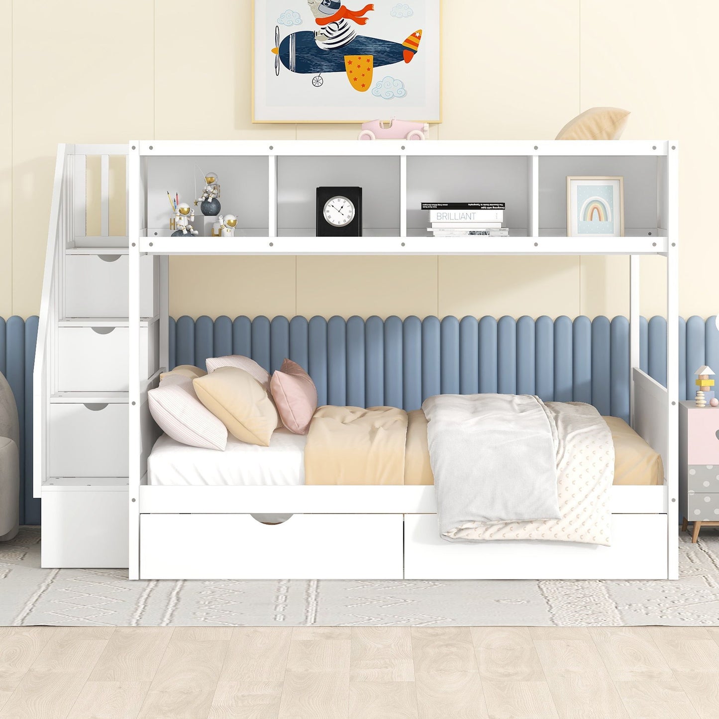 Twin Over Full Bunk Bed With Shelfs, Storage Staircase And 2 Drawers - White