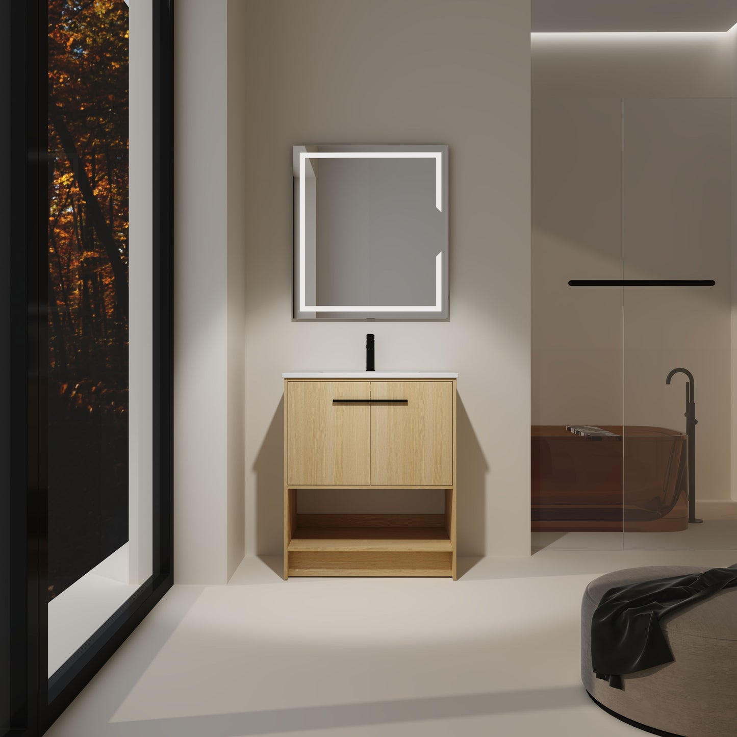 Modern 30" Bathroom Vanity With Ceramic Sink, Freestanding Cabinet, 2 Soft Closing Doors - Oak