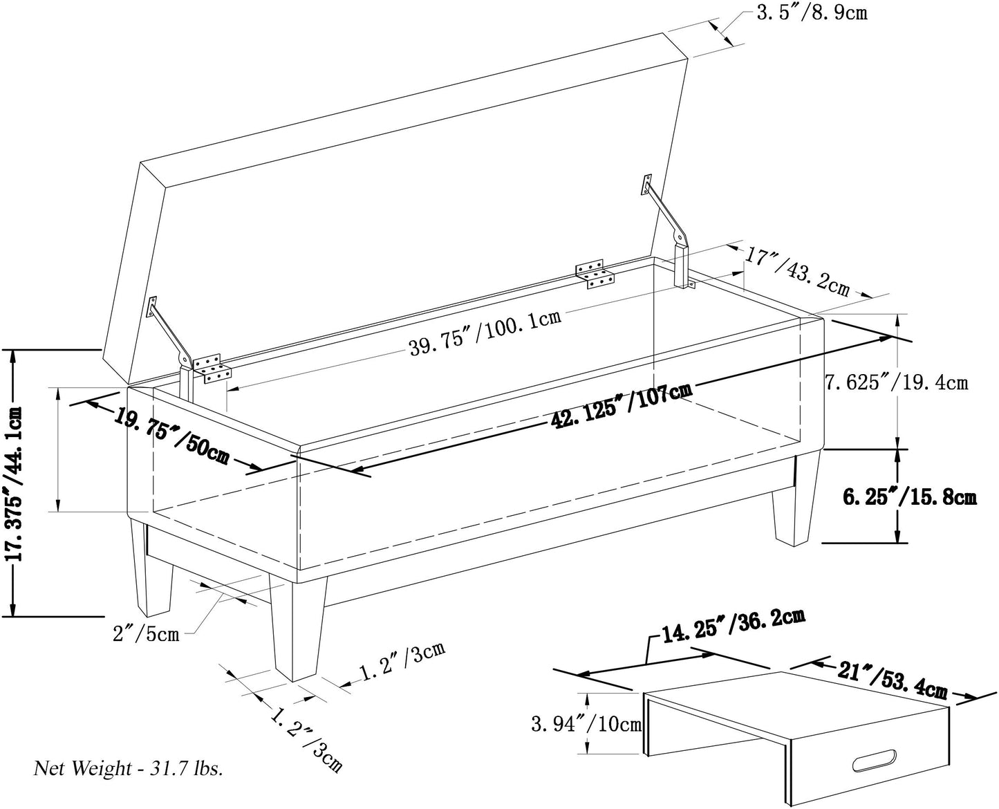 Oregon - Storage Ottoman Bench With Tray - Cloud Gray