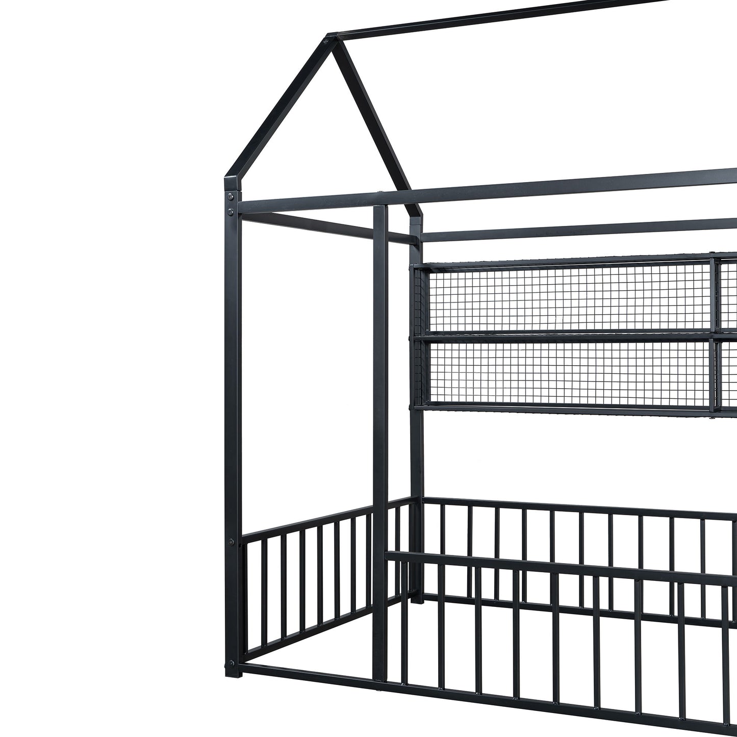 Twin Size Bed House Frame With Fence And Shelves - Black