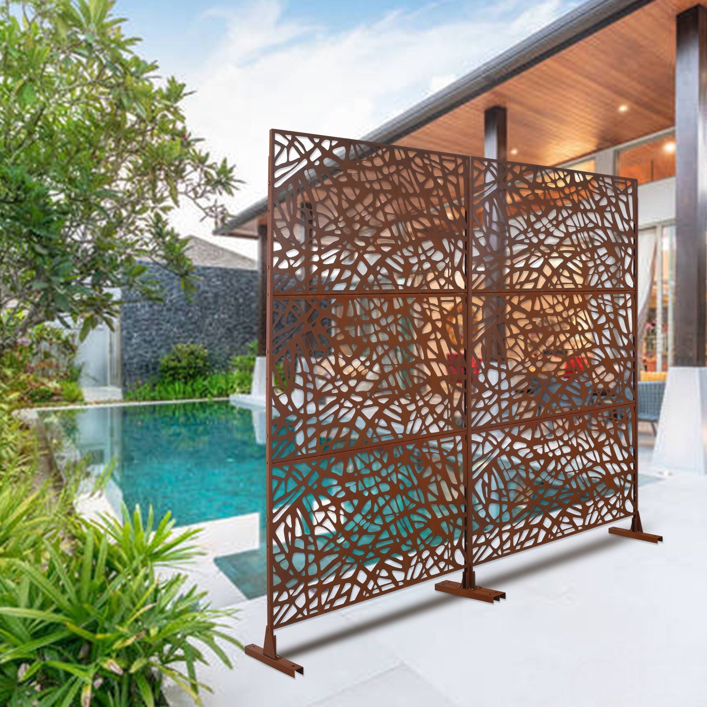 Outdoor & Indoor Privacy Screen Metal Privacy Screen, Freestanding Decorative Privacy Screen For Deck Balcony Patio - Rust Red