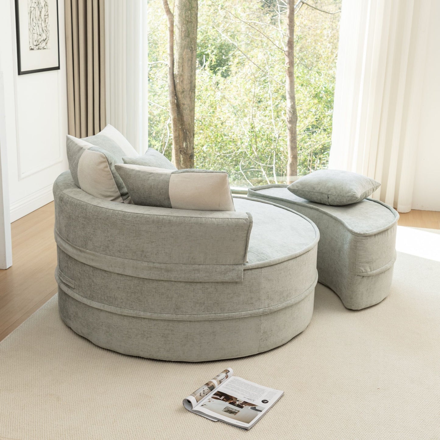 Modern Oversized Round Barrel Accent Chair With Ottoman Velvet Upholstered Lounge Armchair With 5 Pillows For Living Room Or Bedroom - Green