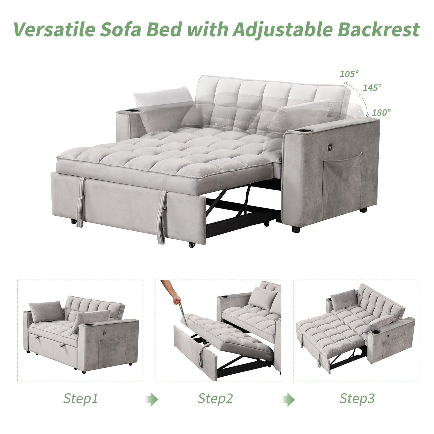 Multi Functional Sofa Bed With Cup Holder And USB Port For Living Room Or Apartments - Gray