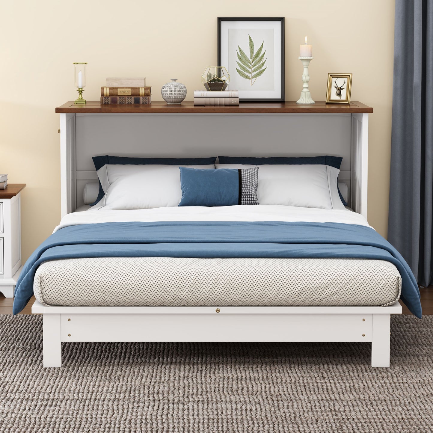 Full Solid Pine Murphy Bed Chest With Charging Station And Large Storage Drawer For Home Office Or Small Room - White / Walnut