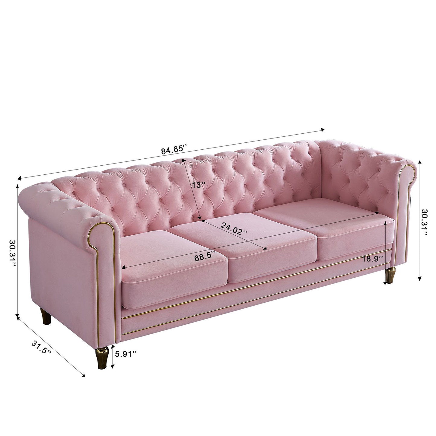 Chesterfield - Velvet Sofa 84.65" For Living Room - Pink