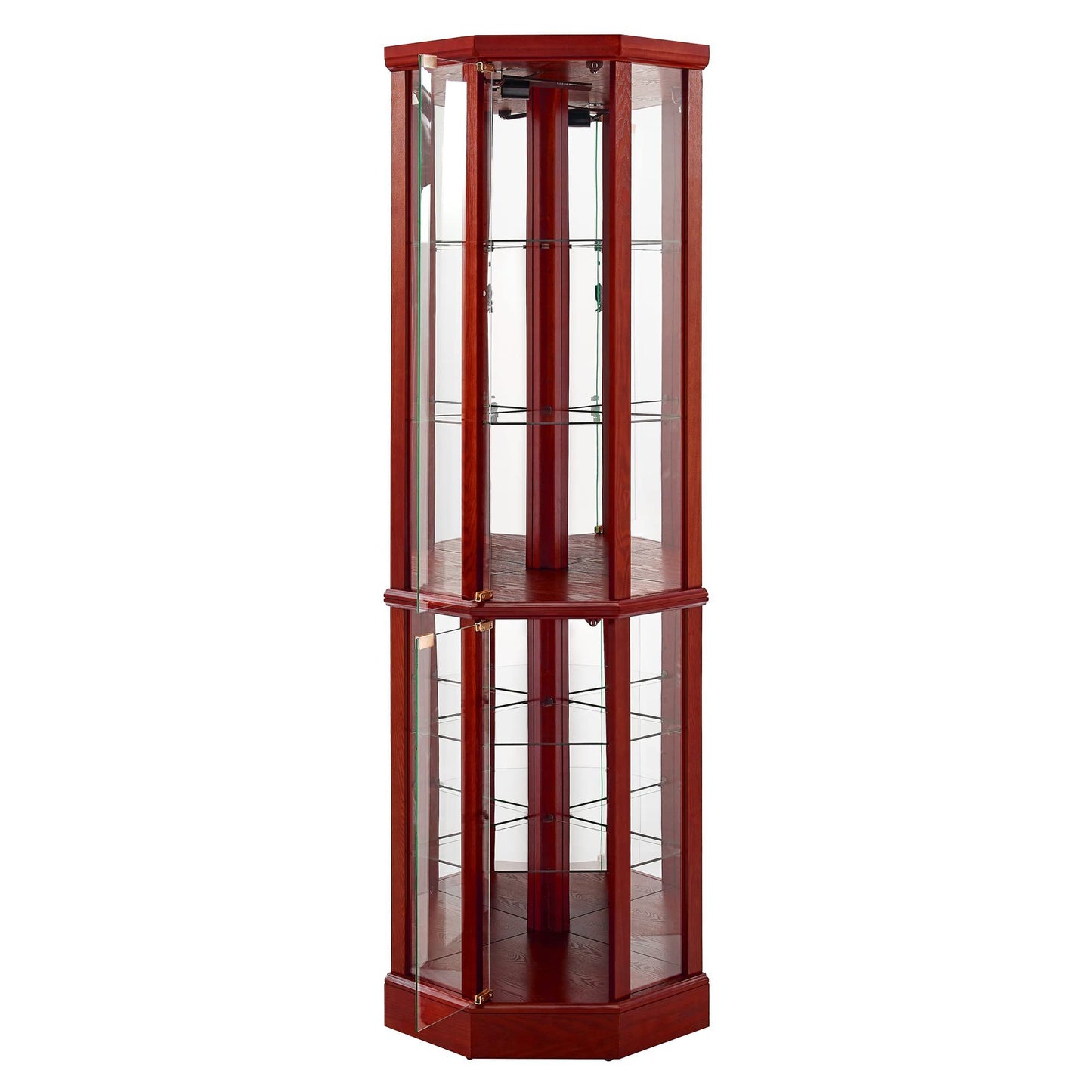 6 Shelf Lighted Corner Curio Cabinet With Adjustable Tempered Glass Shelves And Mirror Back (E26 Light Bulb Not Included) - Cherry
