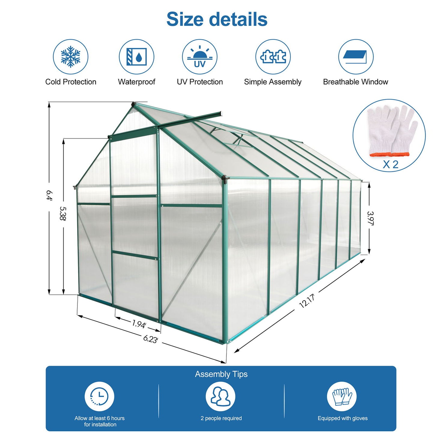 6X12 Ft Polycarbonate Greenhouse Raised Base And Anchor Aluminum Heavy Duty Walk-In Greenhouses For Outdoor Backyard In All Season - Green