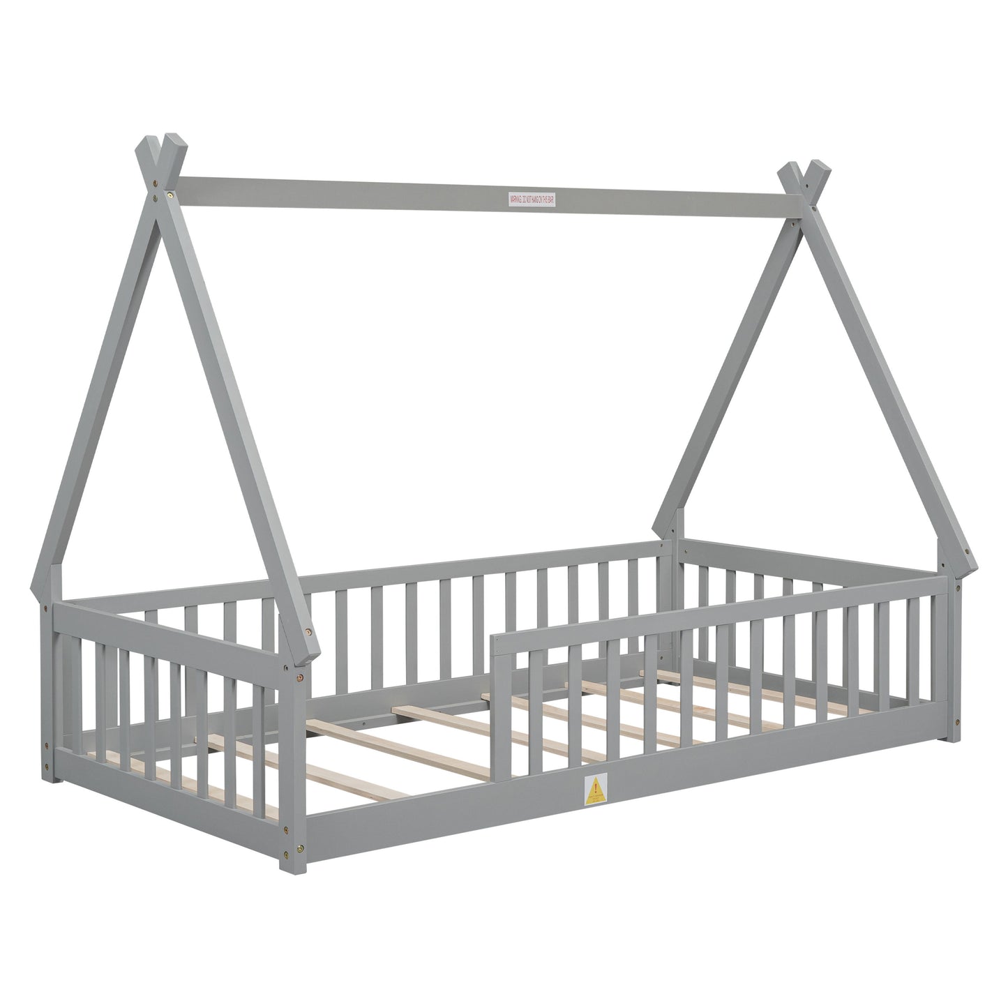 Twin Tent-Shaped Floor Bed, Teepee Bed With Guardrails, Slats - Gray