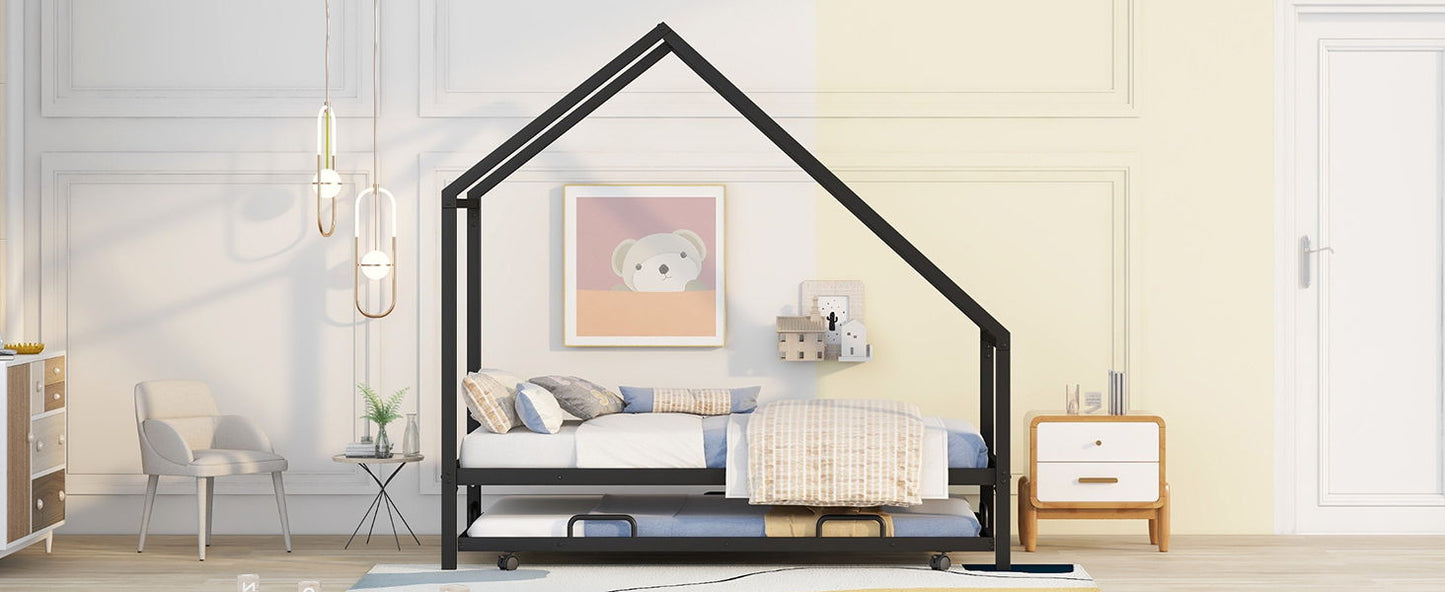 Twin Size House Bed With Trundle - Black