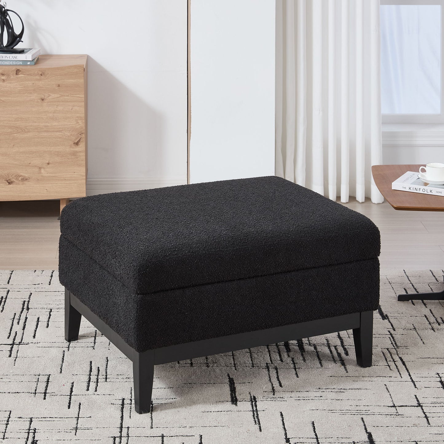 Upholstered Wood Base Storage Ottoman With Reversible Lid Coffee Table, Foot Stool Square Footrest With Rubberwood Legs For Living Room Bedroom Entryway And Office - Black