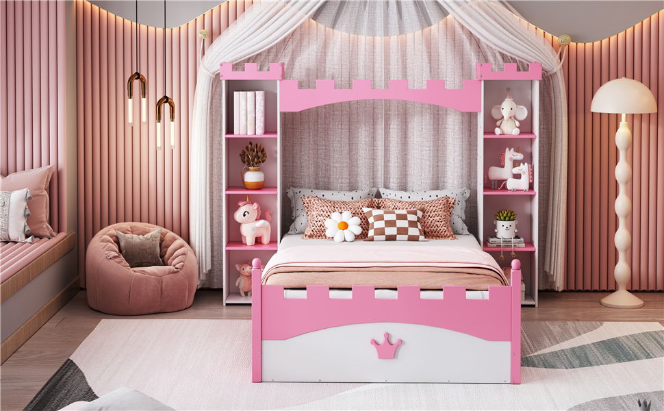 Castle Shaped Bed With Storage Shelf, Dreamy Twin Size Platform Bed For Kids Bedroom - White / Pink