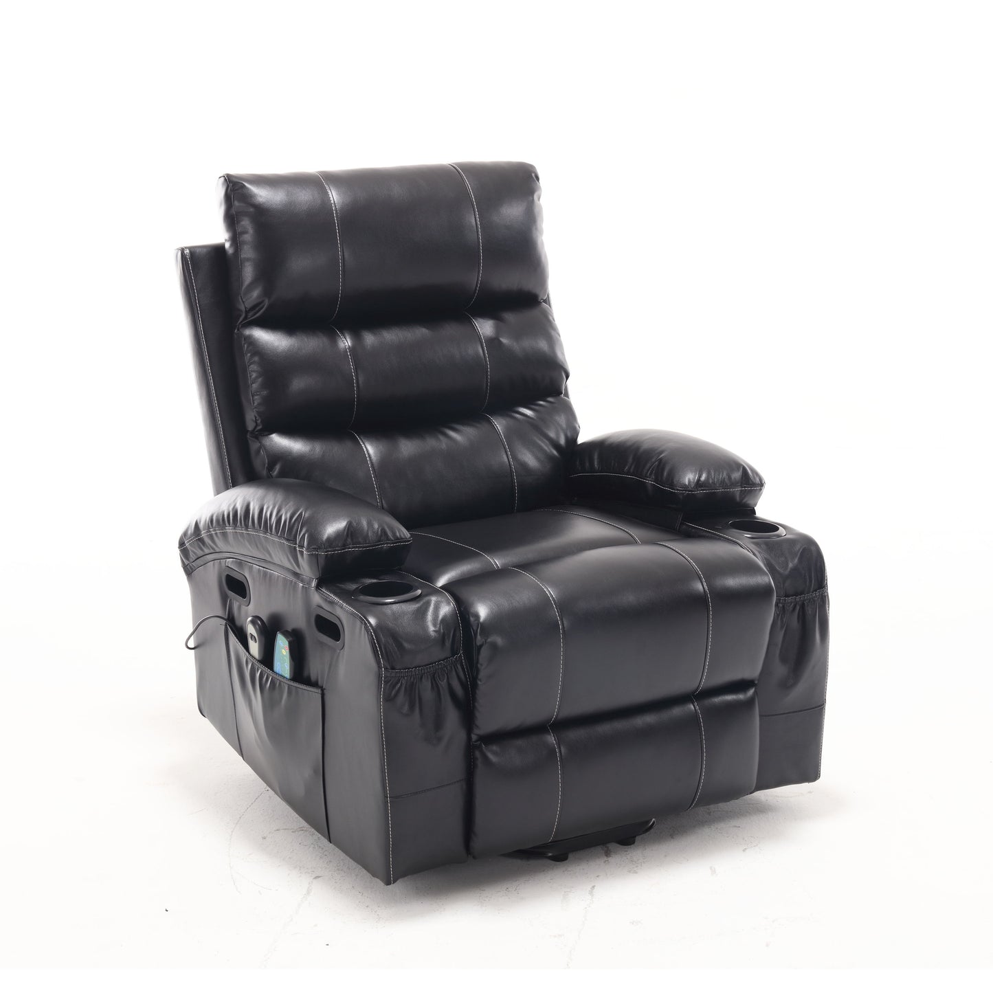 Large Size Electric Power Lift Recliner Chair Sofa, 8 Point Vibration Massage And Lumber Heat, Remote Control, Side Pockets And Cup Holders - Black