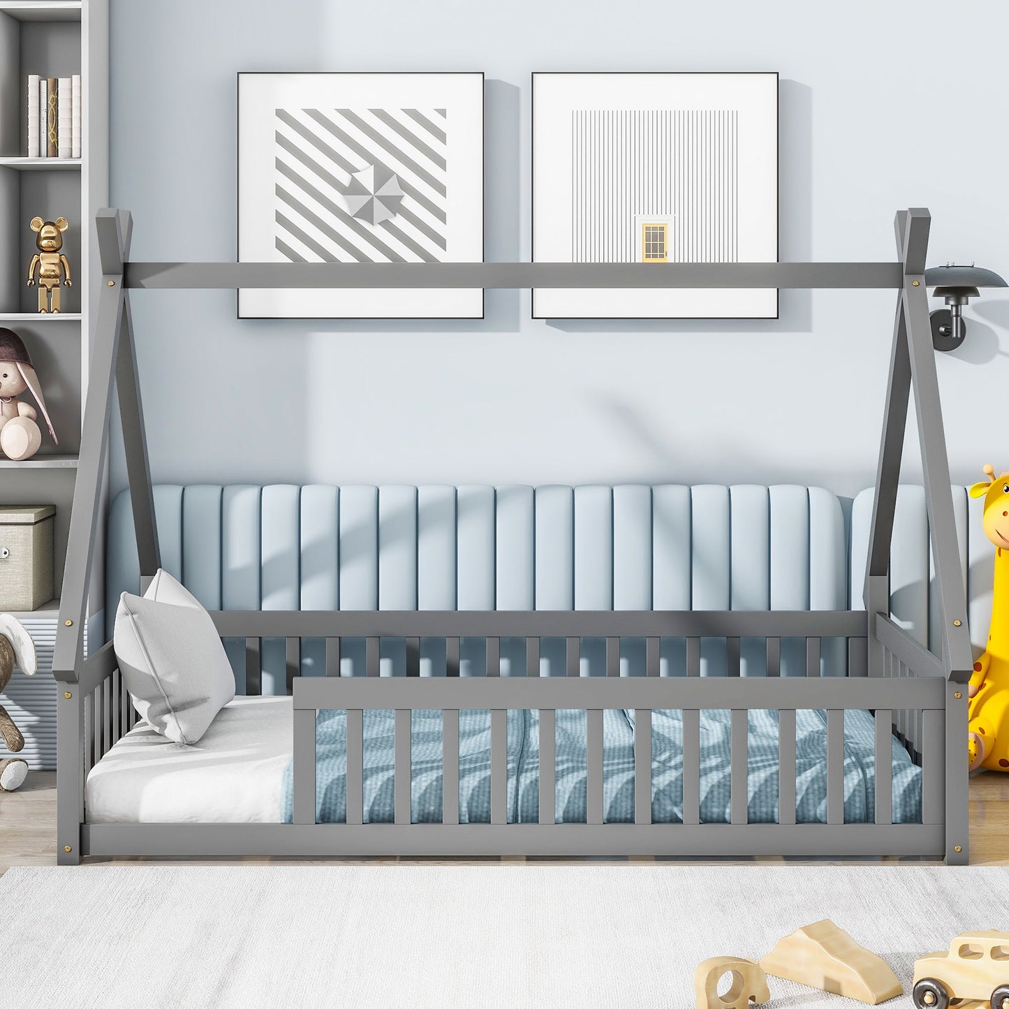 Twin Tent-Shaped Floor Bed, Teepee Bed With Guardrails, Slats - Gray