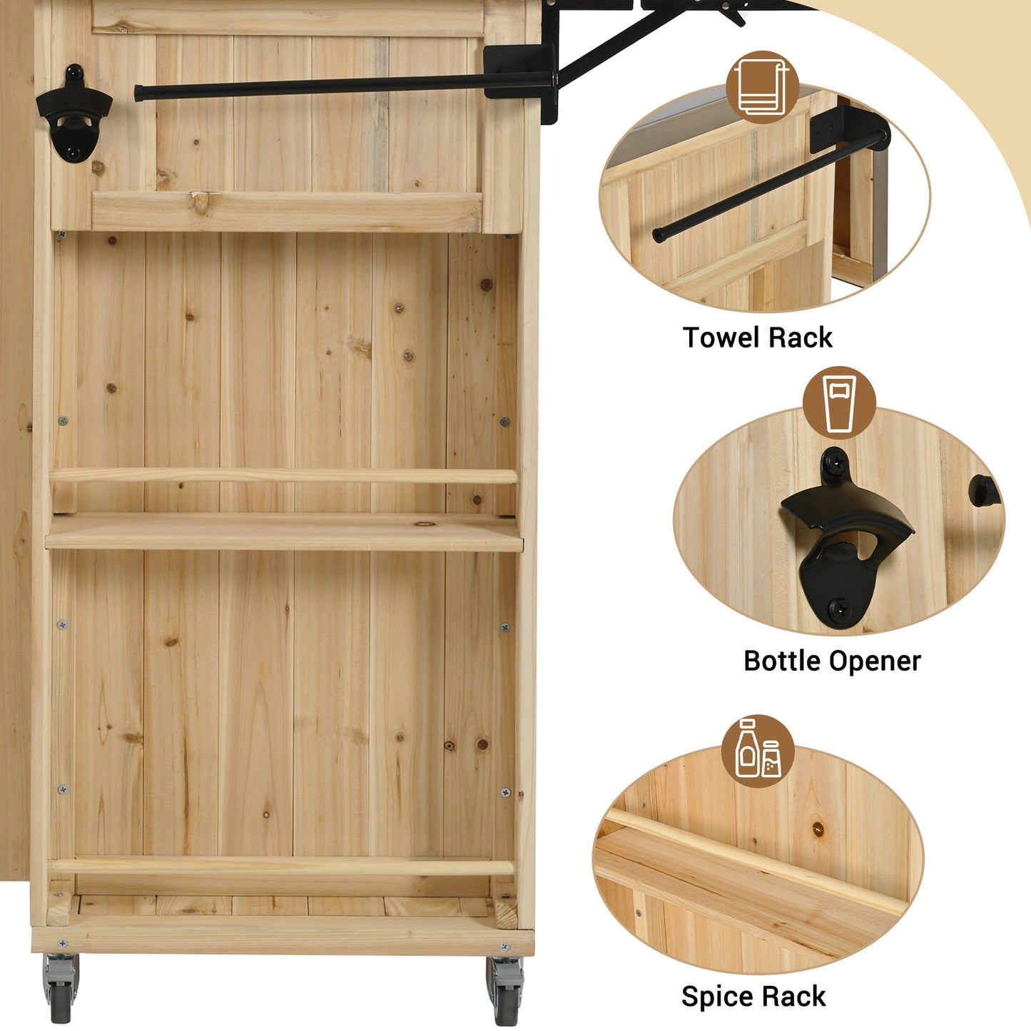 Outdoor Kitchen Island Fir Wood Kitchen Island With Stainless Steel Top, Ample Storage Space, Towel And Spice Racks And A Bottle Opener For Outdoor - Natural