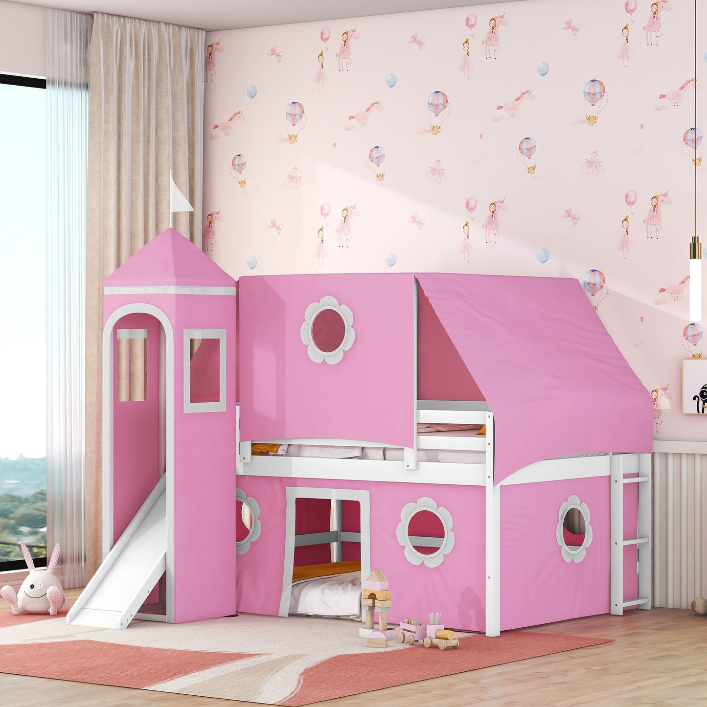 Full Size Loft Bed With Slide And Tent Tower Space Saving Fun Design For Kids - Pink