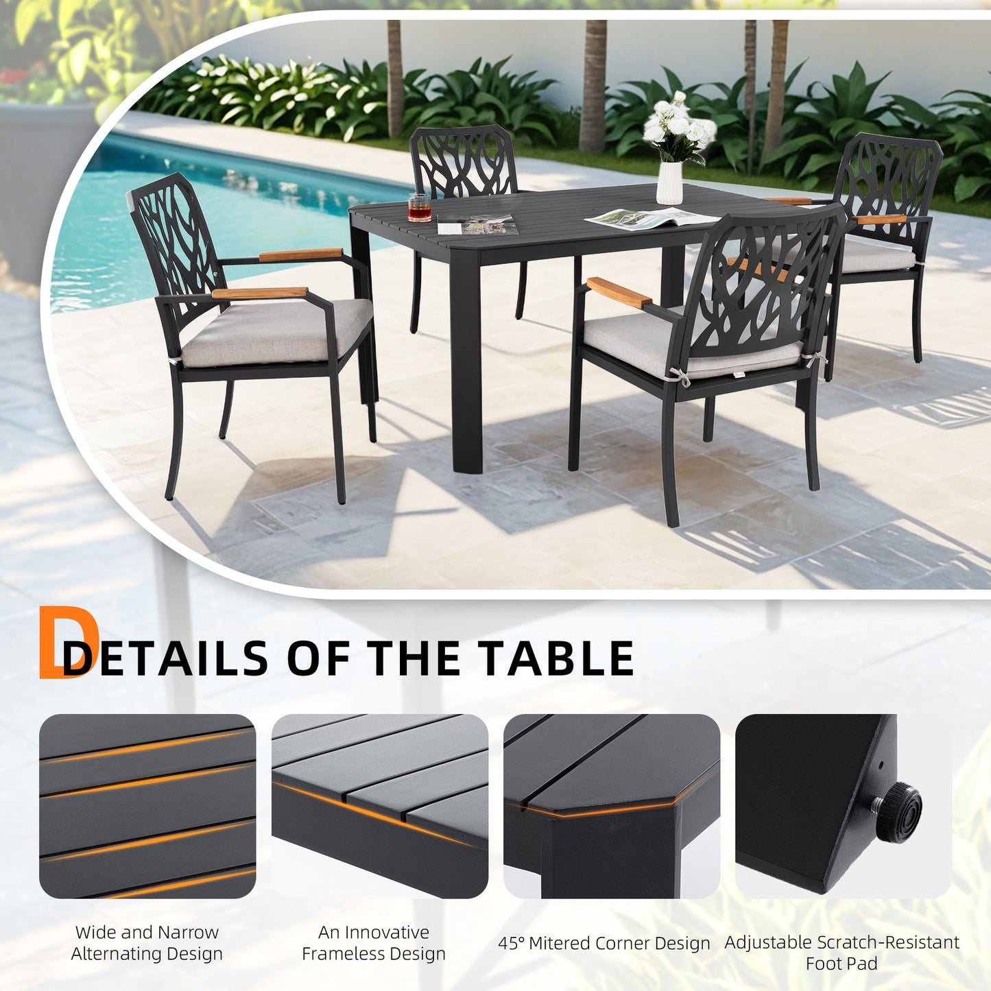 5 Pieces Outdoor Patio Aluminum Furniture Set, Rectangular Table With Umbrella Hole - Bourbon Brown