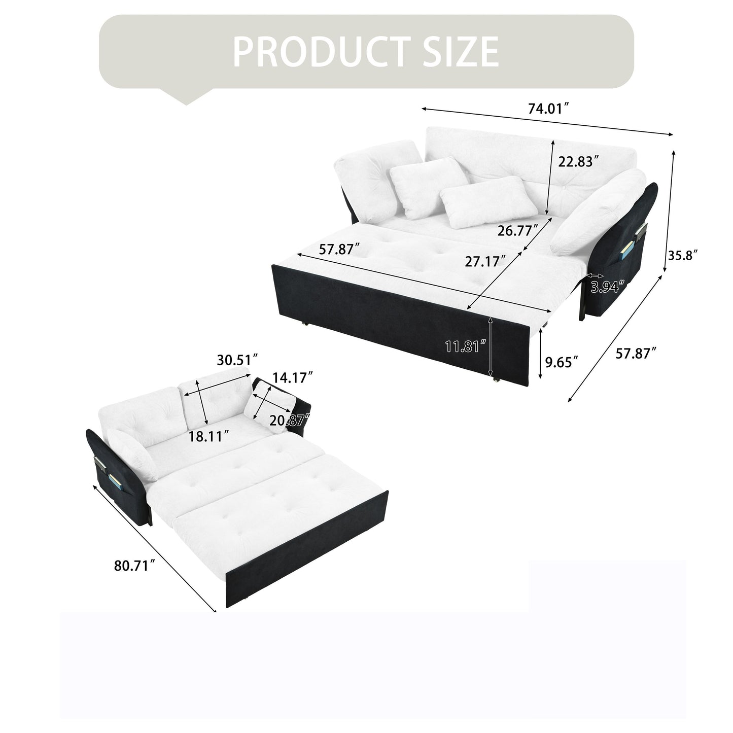 Modern Convertible Sleeper Sofa Bed With Pull Out Queen Design, Side Storage & Thick Cushions Chenille Loveseat For Living Room Or Bedroom 3 In 1 Function - - White