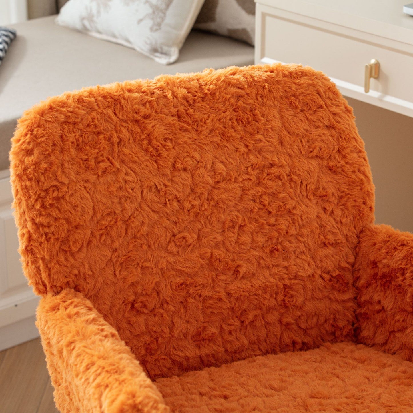 Office Chair, Artificial Rabbit Hair Home Office Chair With Golden Metal Base, Adjustable Desk Chair Swivel Office Chair, Vanity Chair - Orange