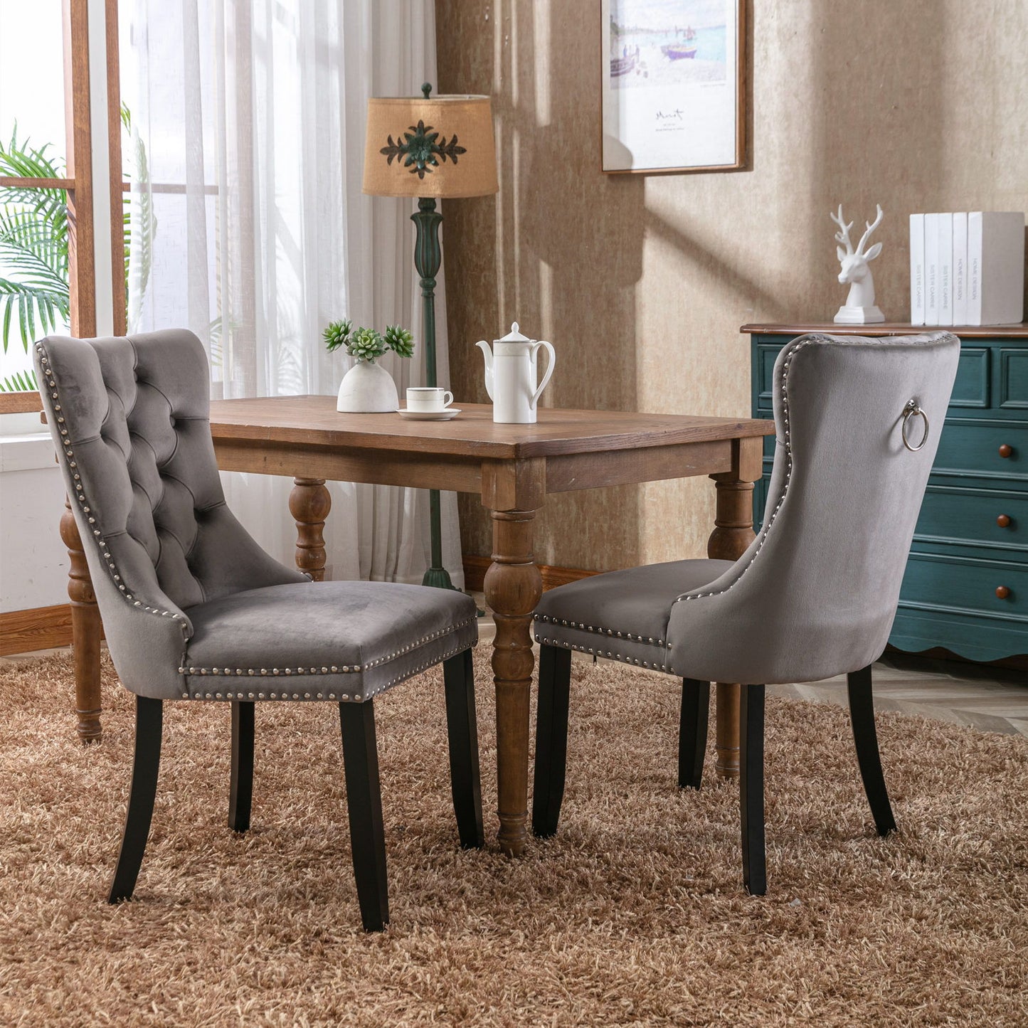 Nikki - Modern, High-End Tufted Solid Wood Contemporary Velvet Upholstered Dining Chair With Wood Legs Nailhead Trim (Set of 2) - Gray