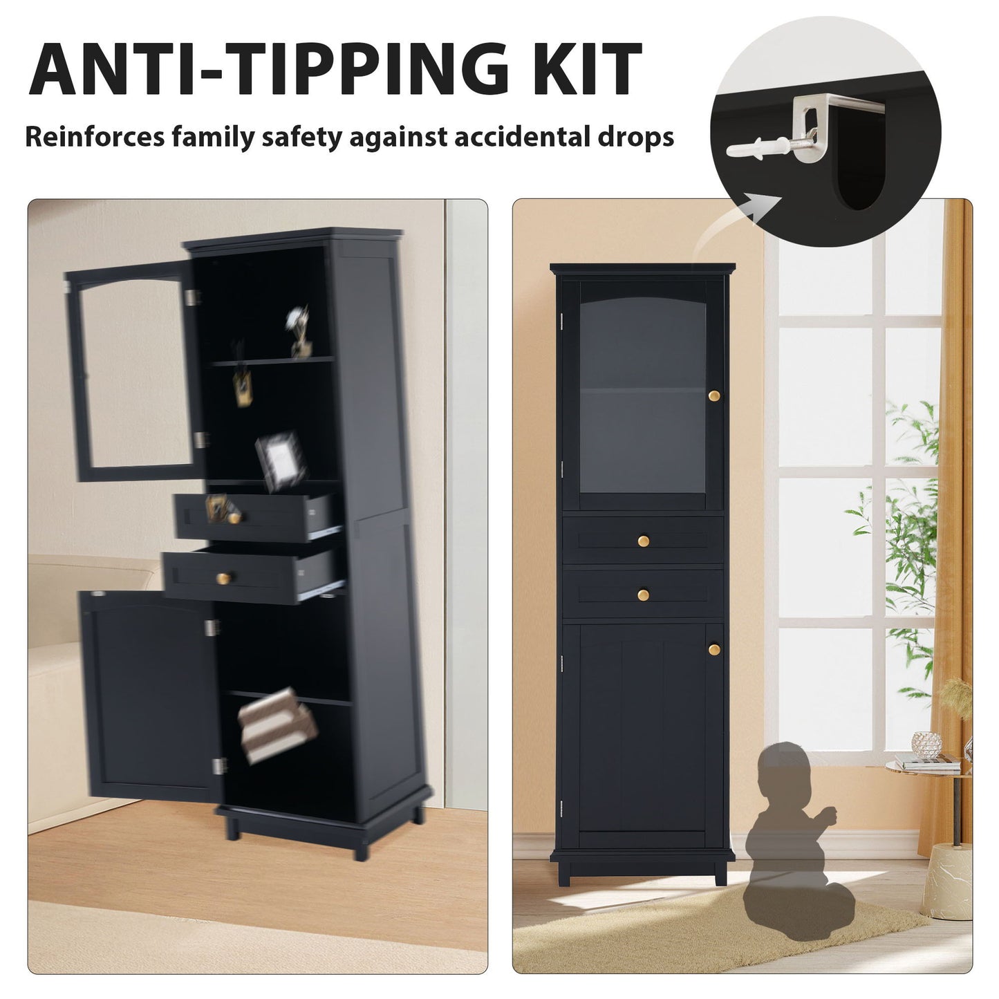 Tall Bathroom Storage Cabinet With Glass Doors, Free-Standing, Two Drawers, And Adjustable Shelves, MDF Board, Painted Perfect For Displaying Your Favorite Items - Black