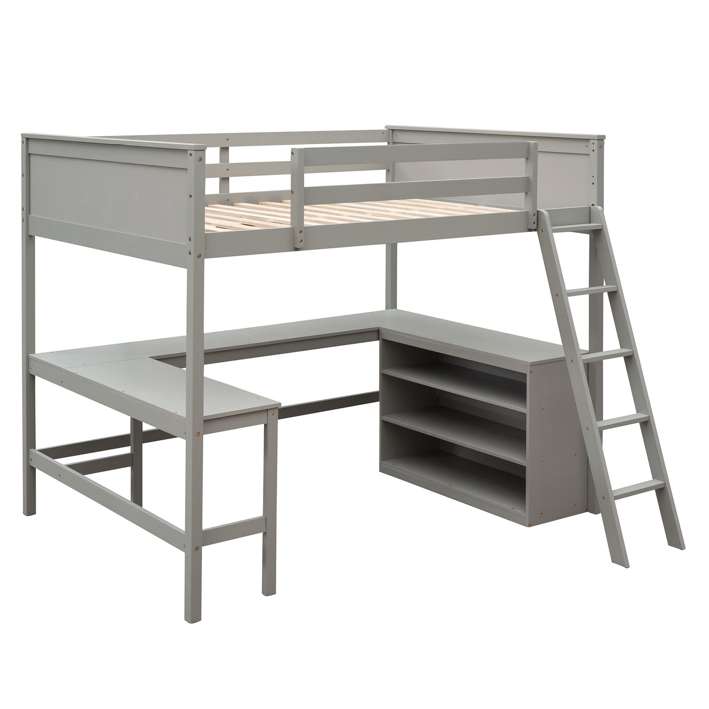 Full Size Loft Bed With Shelves With Desk - Gray