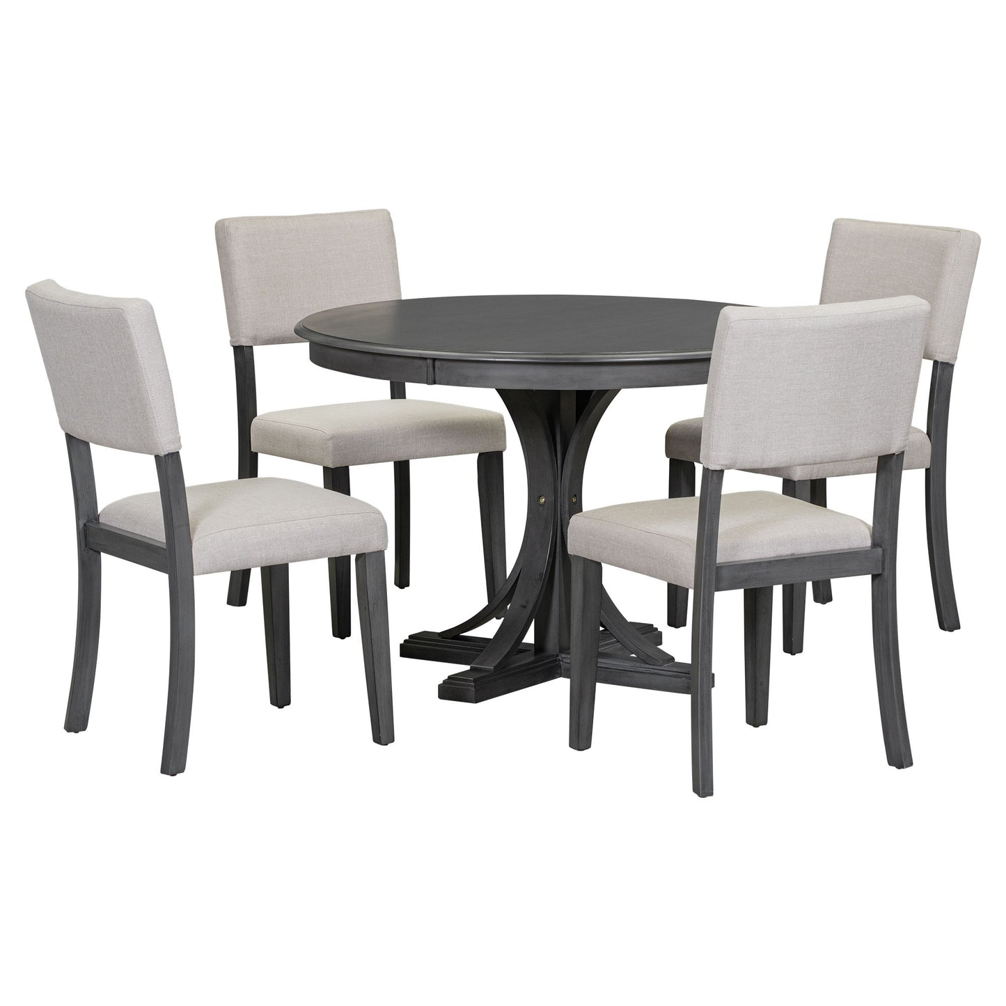 5 Piece Retro Round Dining Table Set With Curved Trestle Style Table Legs And 4 Upholstered Chairs For Dining Room - Dark Gray