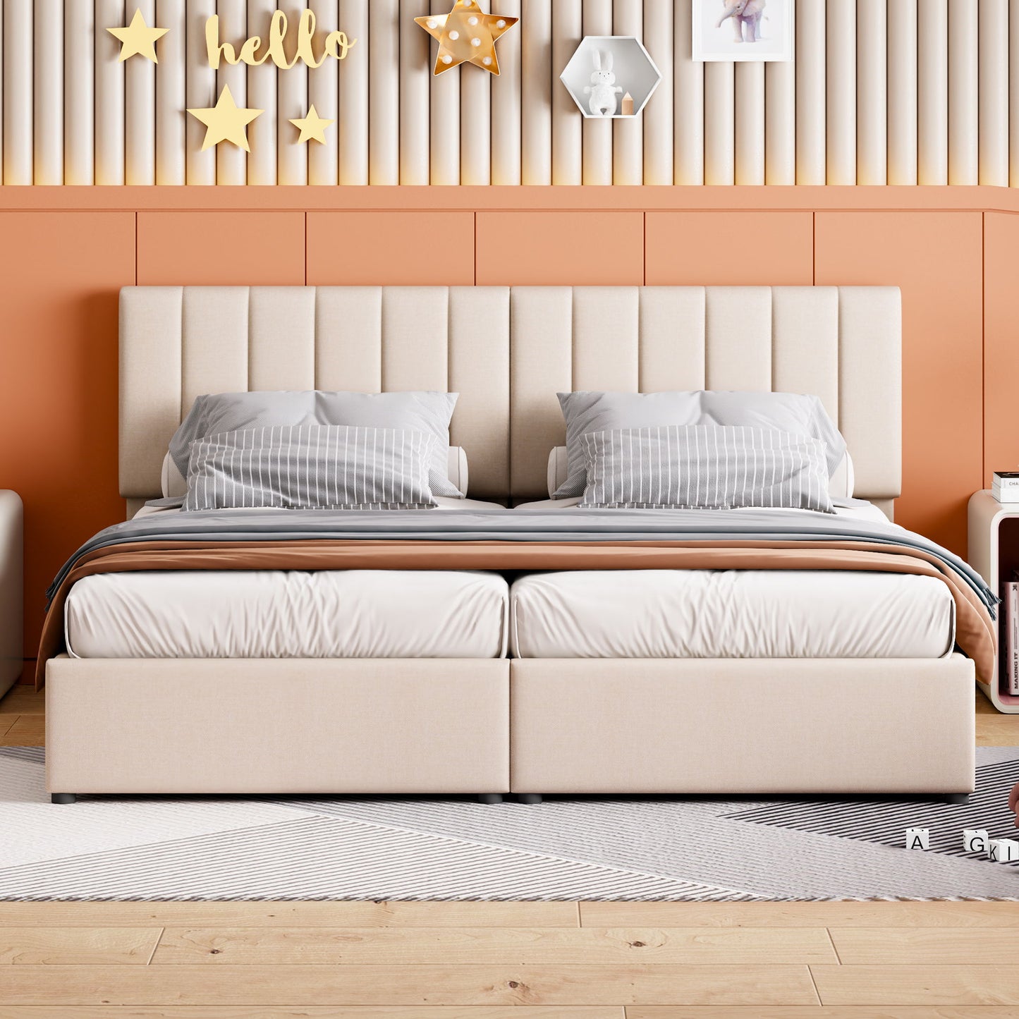 King Size Upholstered Platform Bed With A Hydraulic Storage System - Beige