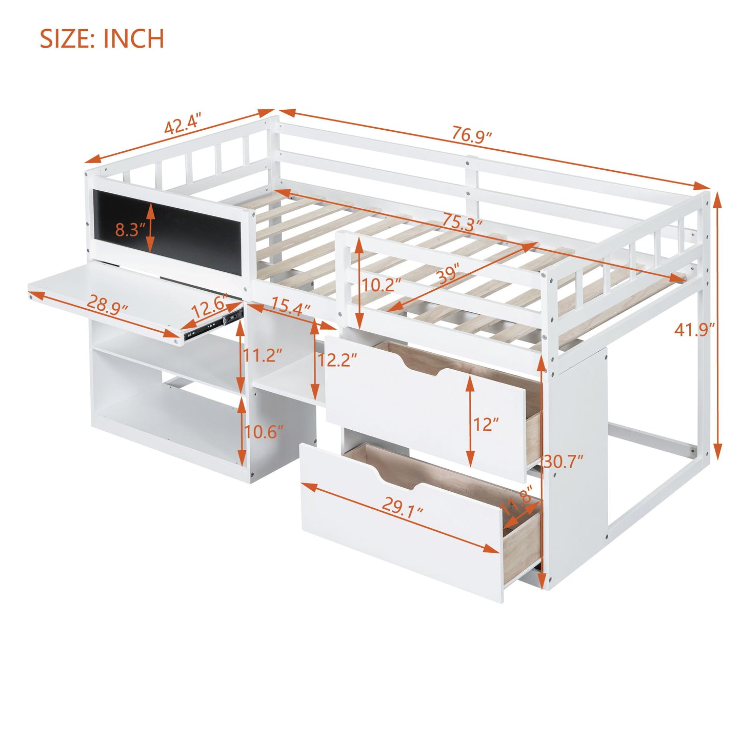 Twin Size Low Loft Bed With Rolling Desk, Shelf And Drawers - White