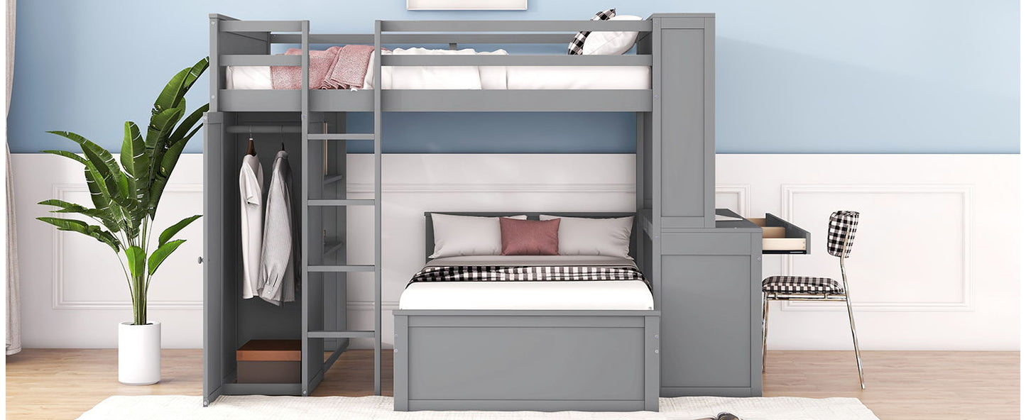 Full Size Loft Bed With A Twin Size Standalone Bed, Shelves, Desk, And Wardrobe - Gray